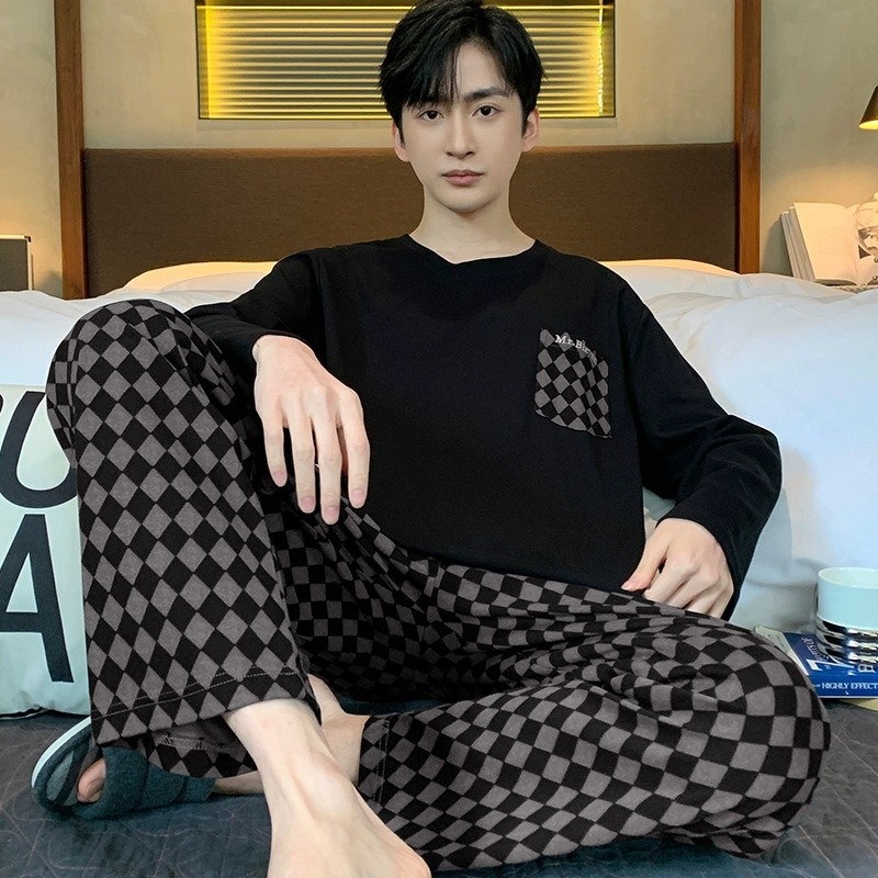 Meeste pidžaama kevad- ja sügisene puuvillane uus pikkade varrukatega lihtne noorte poiste Four Seasons koduriiete kaheosaline ülikond