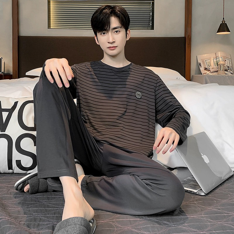 Meeste pidžaama kevad- ja sügisene puuvillane uus pikkade varrukatega lihtne noorte poiste Four Seasons koduriiete kaheosaline ülikond