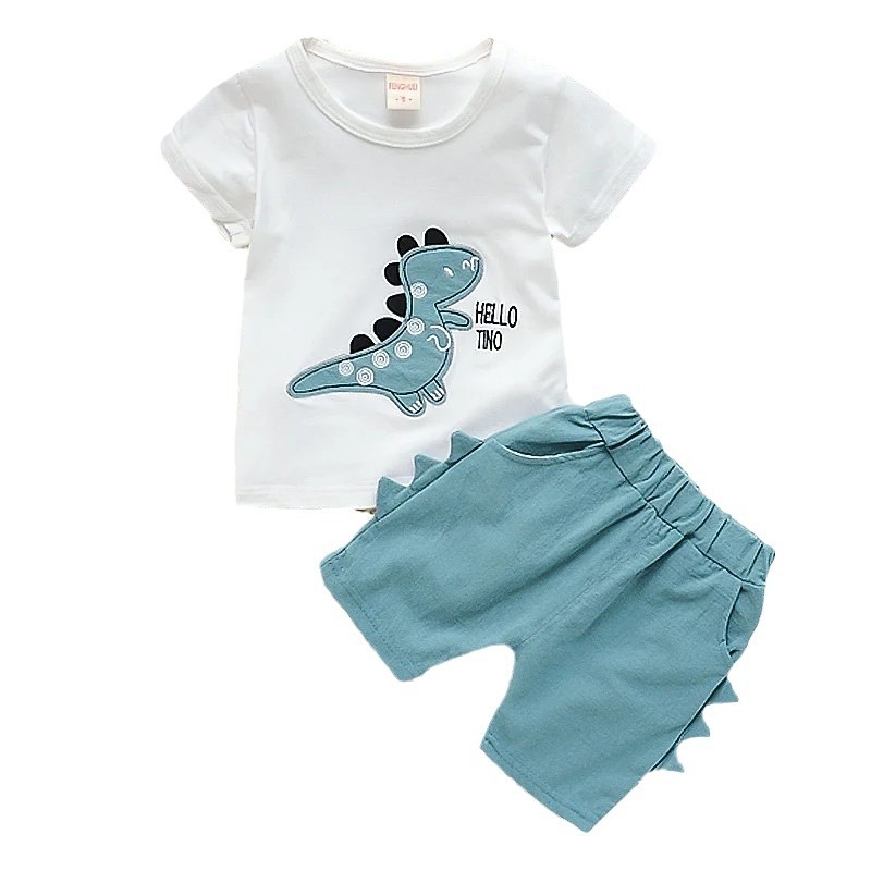 2024 Nova dječja ljetna haljina u zapadnjačkom stilu, dječje uspravno odijelo s dinosaurima kratkih rukava, dvodijelni set za bebe s crtanim filmom