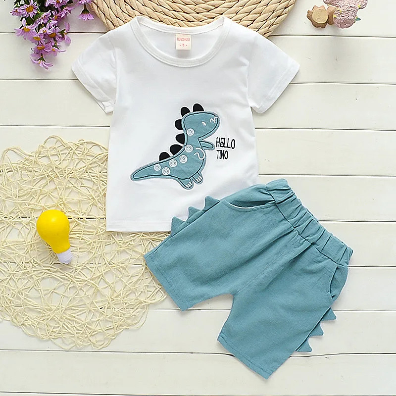 2024 Nova dječja ljetna haljina u zapadnjačkom stilu, dječje uspravno odijelo s dinosaurima kratkih rukava, dvodijelni set za bebe s crtanim filmom