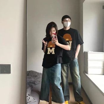 Letné kórejské tričko s krátkym rukávom, dámske voľné tričko, trendy americký štýl, dizajn, všestranný top pre páry, stredne dlhý top s okrúhlym výstrihom