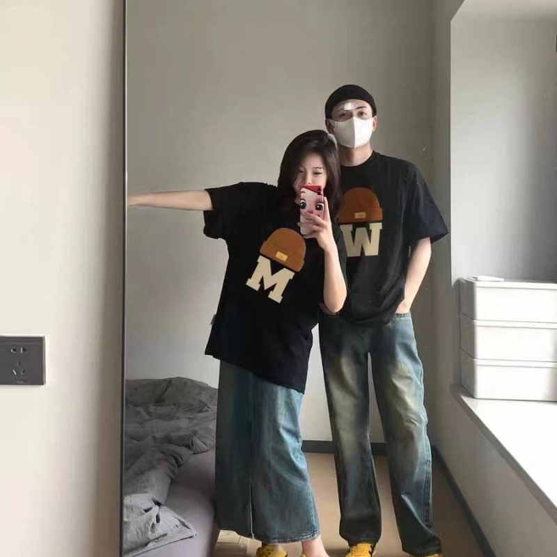 Letné kórejské tričko s krátkym rukávom, dámske voľné tričko, trendy americký štýl, dizajn, všestranný top pre páry, stredne dlhý top s okrúhlym výstrihom