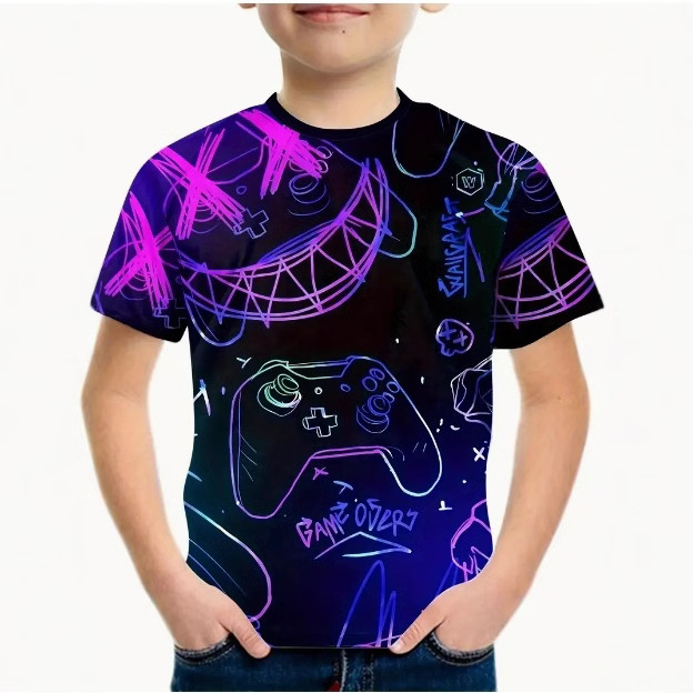 Koomiksikujuline poiste vabaaja T-särk, 3D-prinditud disain, pehme polüesterkangas, ümar kaelus, koomiksifiguur