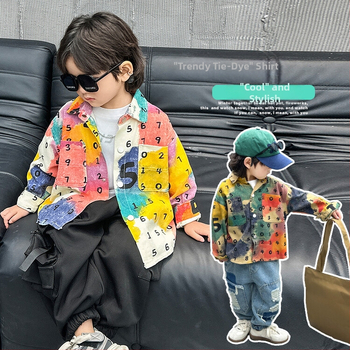 Poiste digitaalne batikvärvitud puuvillane särk 2024 Kevad ja sügis uus laste kena universaalne särk lastesärk