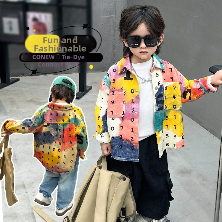 Chlapčenské digitálne batikované bavlnené tričko 2024 Jar a jeseň nové detské pekné univerzálne tričko detské tričko