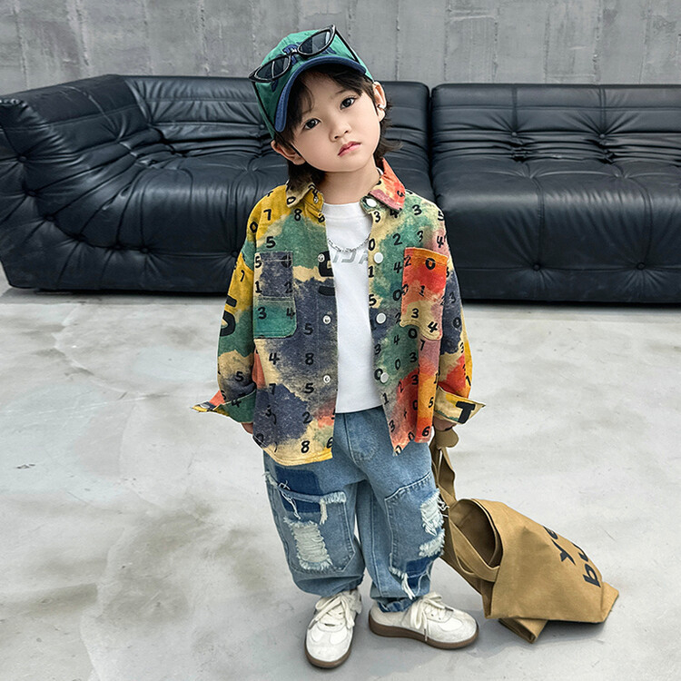 Poiste digitaalne batikvärvitud puuvillane särk 2024 Kevad ja sügis uus laste kena universaalne särk lastesärk