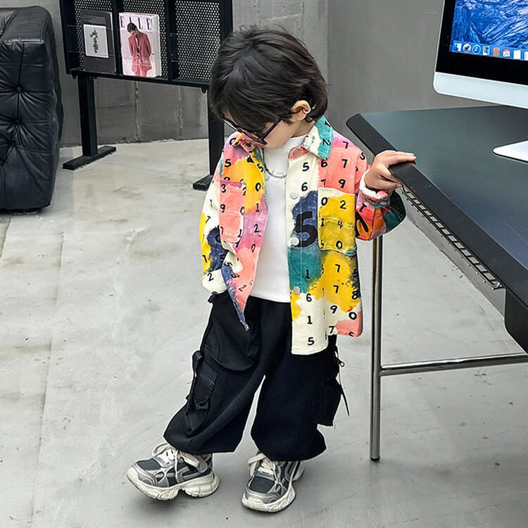 Poiste digitaalne batikvärvitud puuvillane särk 2024 Kevad ja sügis uus laste kena universaalne särk lastesärk