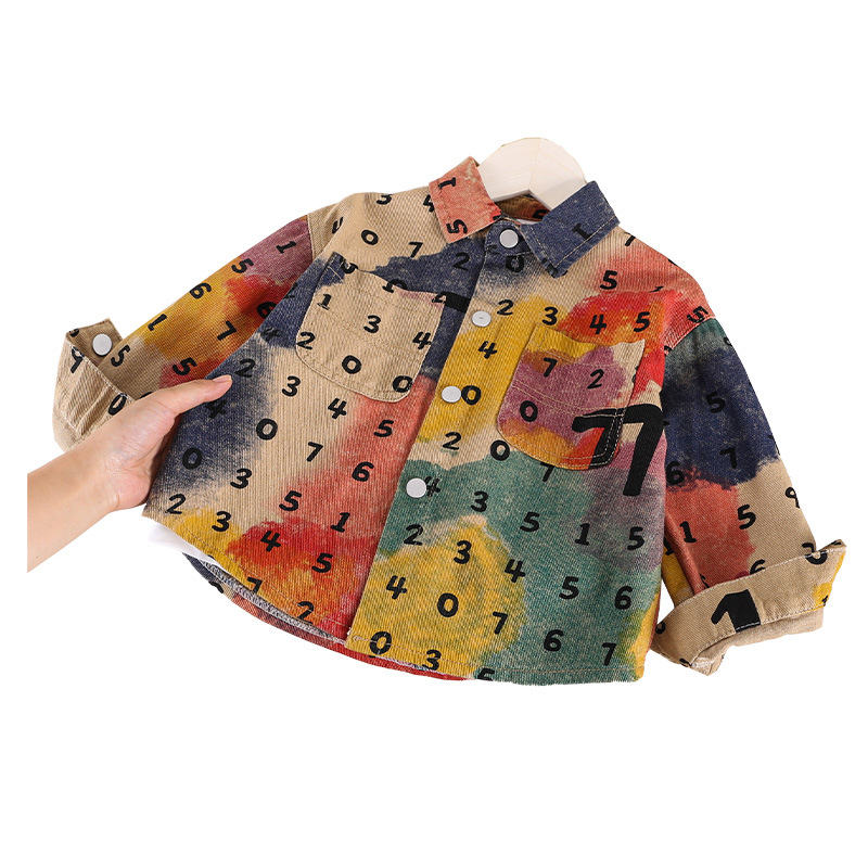 Poiste digitaalne batikvärvitud puuvillane särk 2024 Kevad ja sügis uus laste kena universaalne särk lastesärk