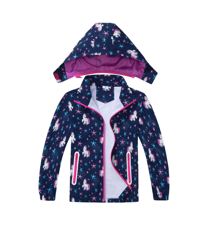 Djevojčice i djeca srednje dobi, vodootporna, prozračna majica s kapuljačom i patentnim zatvaračem za vanjsku upotrebu, moderna sportska vjetrovka s jednorogom