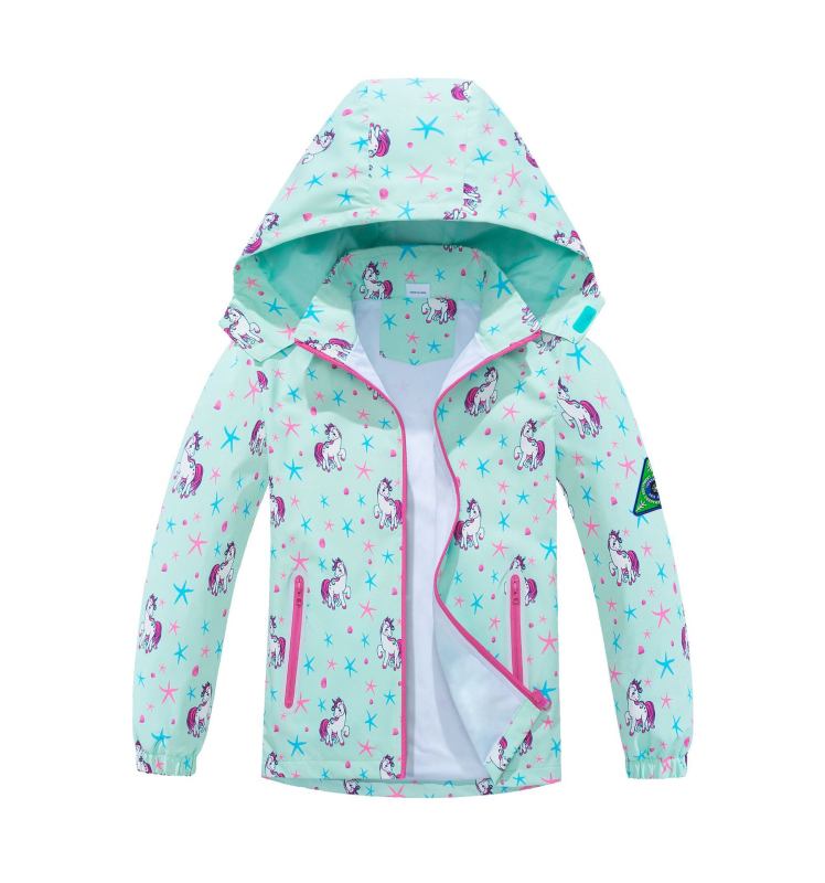 Djevojčice i djeca srednje dobi, vodootporna, prozračna majica s kapuljačom i patentnim zatvaračem za vanjsku upotrebu, moderna sportska vjetrovka s jednorogom