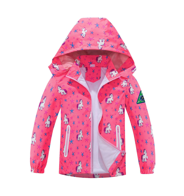 Djevojčice i djeca srednje dobi, vodootporna, prozračna majica s kapuljačom i patentnim zatvaračem za vanjsku upotrebu, moderna sportska vjetrovka s jednorogom