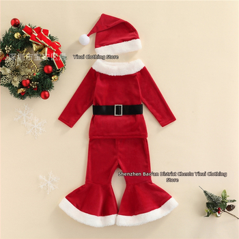 Novi Amazon AliExpress Vruće djevojke Božićni baršunasti zvonasti hlače s remenom Šešir Set od četiri dijela