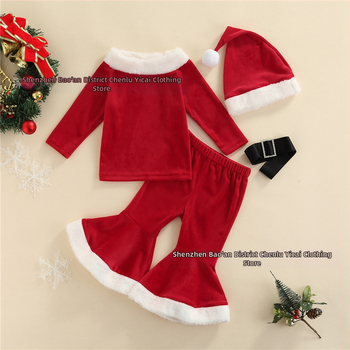 Novi Amazon AliExpress Vruće djevojke Božićni baršunasti zvonasti hlače s remenom Šešir Set od četiri dijela