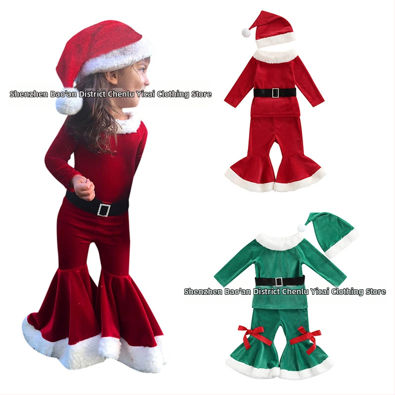 Novi Amazon AliExpress Vruće djevojke Božićni baršunasti zvonasti hlače s remenom Šešir Set od četiri dijela