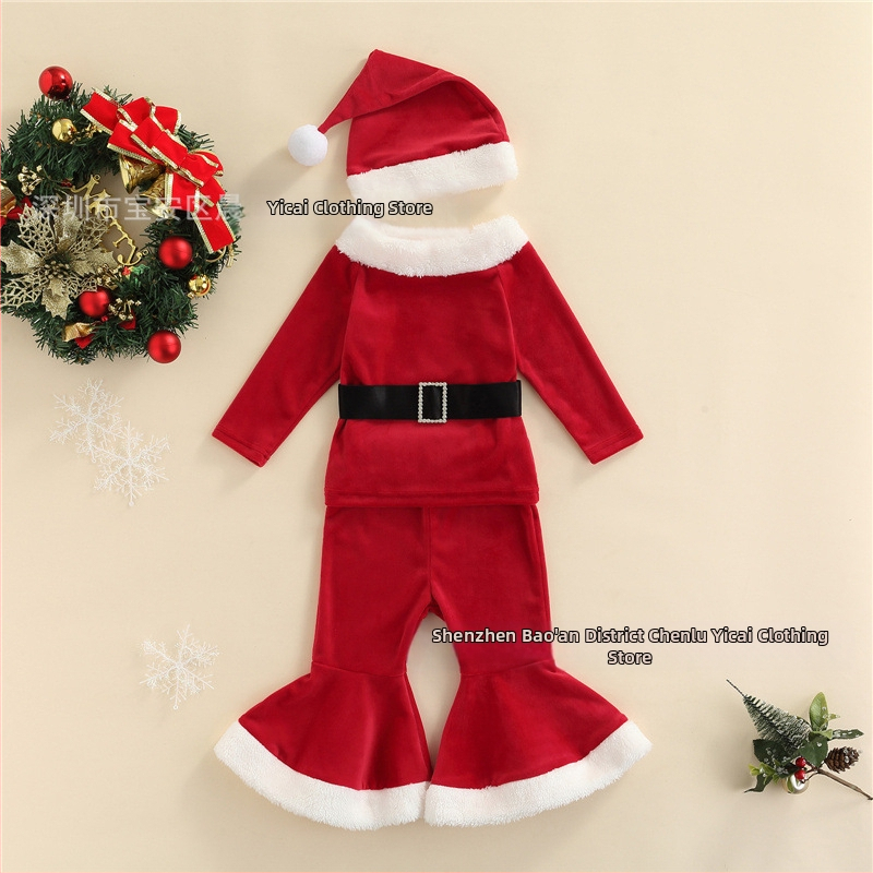 Nové Amazon AliExpress Hot Girls Vianočné zamatové rozšírené nohavice Čiapka Opasok Sada Štvordielna súprava