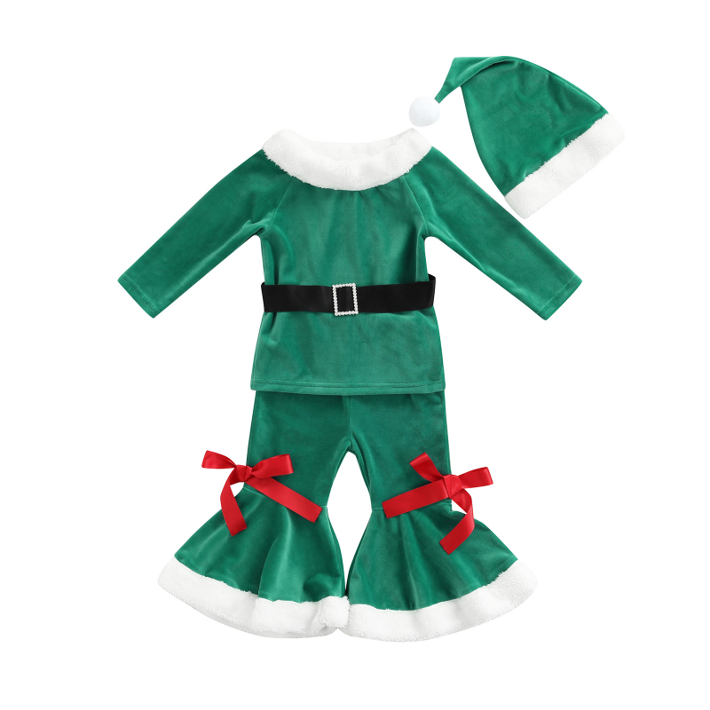 Novi Amazon AliExpress Vruće djevojke Božićni baršunasti zvonasti hlače s remenom Šešir Set od četiri dijela