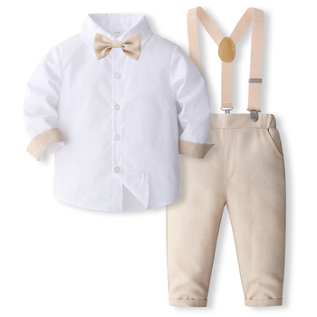 Νέο κοστούμι για αγόρια, ανοιξιάτικο και φθινοπωρινό, παιδικό πουκάμισο με μακριά μανίκια και παντελόνι με τιράντες, φόρεμα για δεξιώσεις 2 τεμαχίων