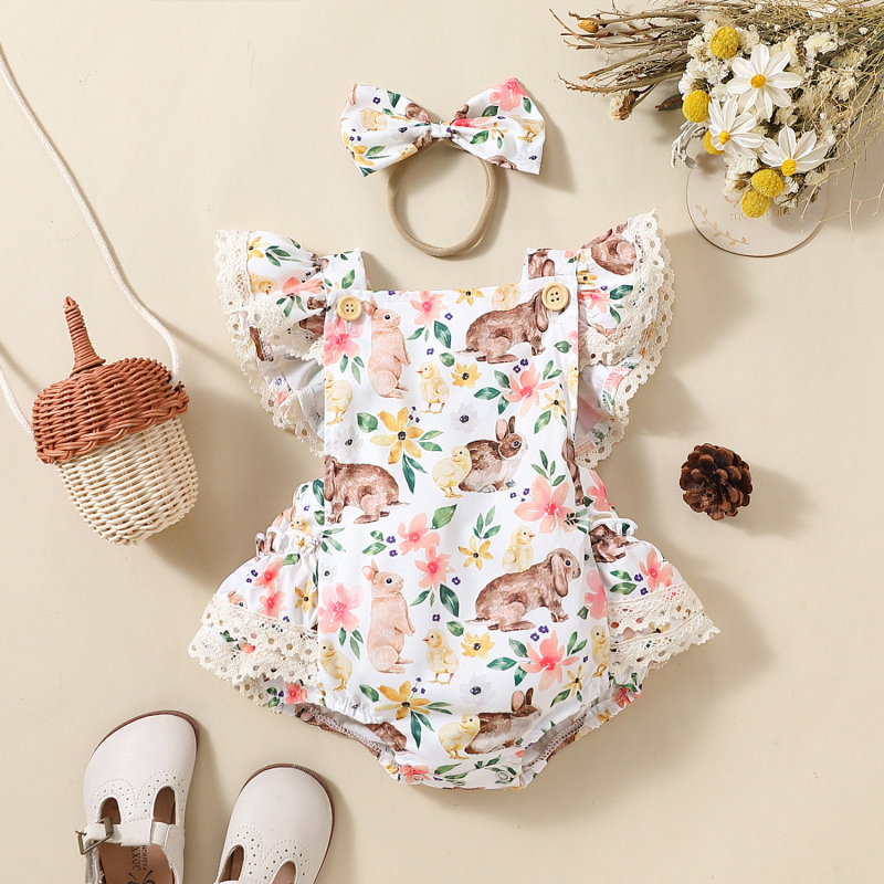 AliExpress Amazon dječje uskršnje zeko s čipkom, letećim rukavima i troslojnim trokutastim penjačkim kostimom za djevojčice + pokrivalo za glavu