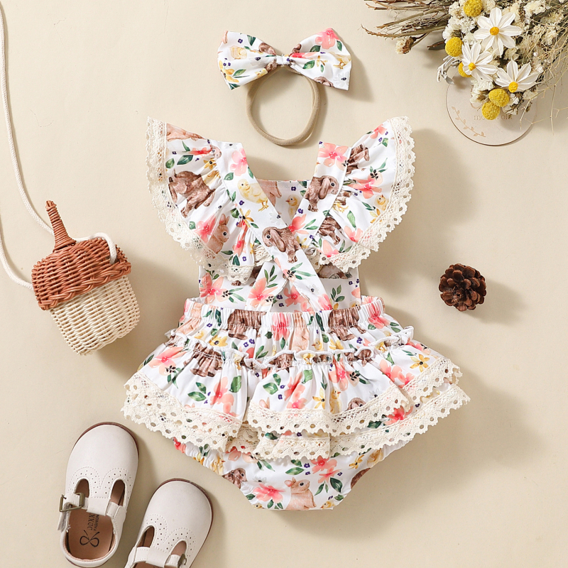 AliExpress Amazon dječje uskršnje zeko s čipkom, letećim rukavima i troslojnim trokutastim penjačkim kostimom za djevojčice + pokrivalo za glavu