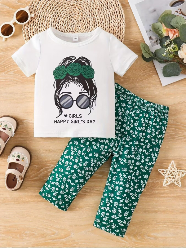 Prekogranično INS odijelo za djevojčice za bebe, ljetno odijelo s crtanim uzorkom i kratkim rukavima, cvjetnim uzorkom i hlačama