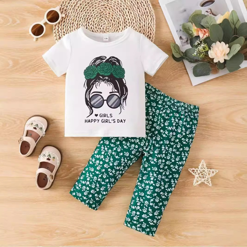 Prekogranično INS odijelo za djevojčice za bebe, ljetno odijelo s crtanim uzorkom i kratkim rukavima, cvjetnim uzorkom i hlačama