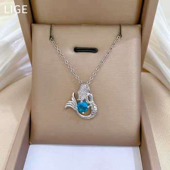 [Τιτάνιο Ατσάλι] Κολιέ με Ζαφείρι και Φωτεινή Γοργόνα, Πολυτελής Ιδιοσυγκρασία, Υπέροχο Κολιέ με Διαμάντια, Γυναικεία Αλυσίδα Κλειδαριάς, Αλυσίδα από Τιτάνιο Ατσάλι