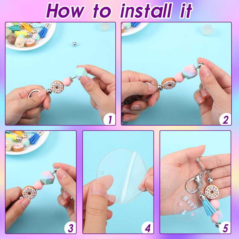 Akrilo karoliukų raktų pakabukas su tuščiaviduriu kostiumo spalvos kutais, raktų pakabukas „pasidaryk pats“ papuošalai, papuošalų krepšiai, aksesuarai