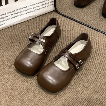 Dámske kožené topánky na jar 2025 s plytkými ústami, okrúhlou špičkou, plochou podrážkou, nazúvacími topánkami s prackou a remienkom, zimné, na nízkom podpätku