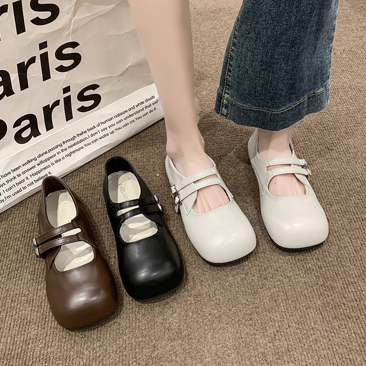 Dámske kožené topánky na jar 2025 s plytkými ústami, okrúhlou špičkou, plochou podrážkou, nazúvacími topánkami s prackou a remienkom, zimné, na nízkom podpätku