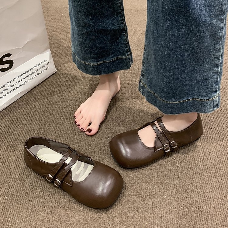 Dámske kožené topánky na jar 2025 s plytkými ústami, okrúhlou špičkou, plochou podrážkou, nazúvacími topánkami s prackou a remienkom, zimné, na nízkom podpätku