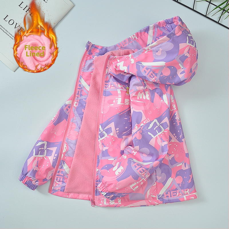Dievčenská bunda z jednodielneho zamatu, jeseň a zima, plus zamatová bunda, vetruodolná, nepremokavá, lyžiarska s kapucňou s kreslenými motívmi