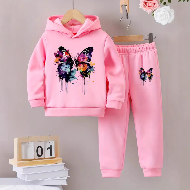 Jesenné a zimné dievčenské módne obleky s motýľovou potlačou, flísovou podšívkou a kapucňou s dlhým rukávom, trikolóra