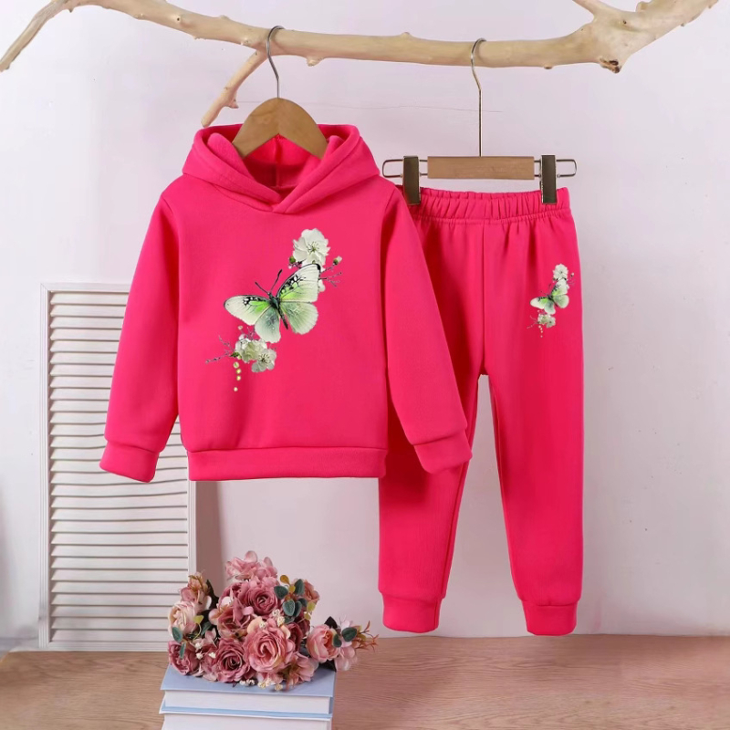 Jesenné a zimné dievčenské módne obleky s motýľovou potlačou, flísovou podšívkou a kapucňou s dlhým rukávom, trikolóra