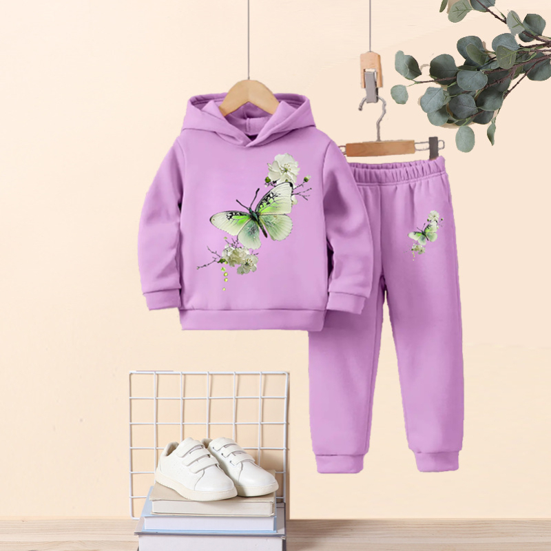 Jesenné a zimné dievčenské módne obleky s motýľovou potlačou, flísovou podšívkou a kapucňou s dlhým rukávom, trikolóra