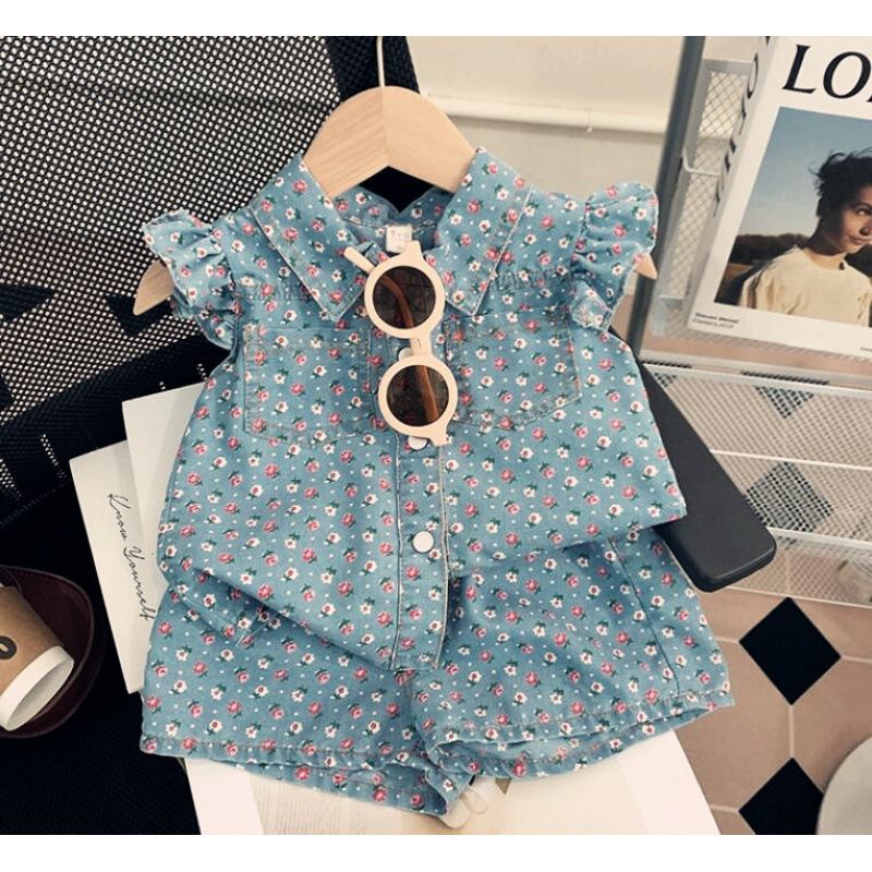 Letná dievčenská súprava s voľnými rukávmi a džínsami s potlačou 2024, dievčenská módna jednoradová súprava s top šortkami a dvoma dielmi