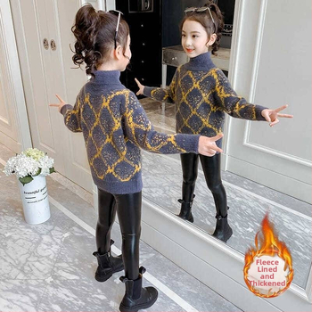 Djevojački pulover u zapadnjačkom stilu Jesen i zima 2024. Novi djevojački pulover s podlogom Dječji visoki ovratnik s flis podstavom, pleteni pulover