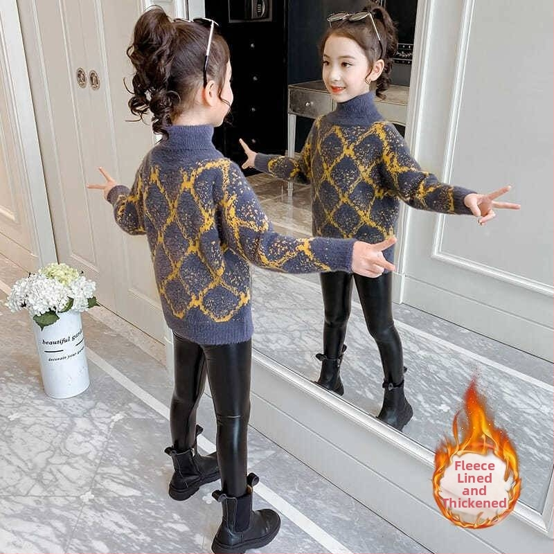 Djevojački pulover u zapadnjačkom stilu Jesen i zima 2024. Novi djevojački pulover s podlogom Dječji visoki ovratnik s flis podstavom, pleteni pulover