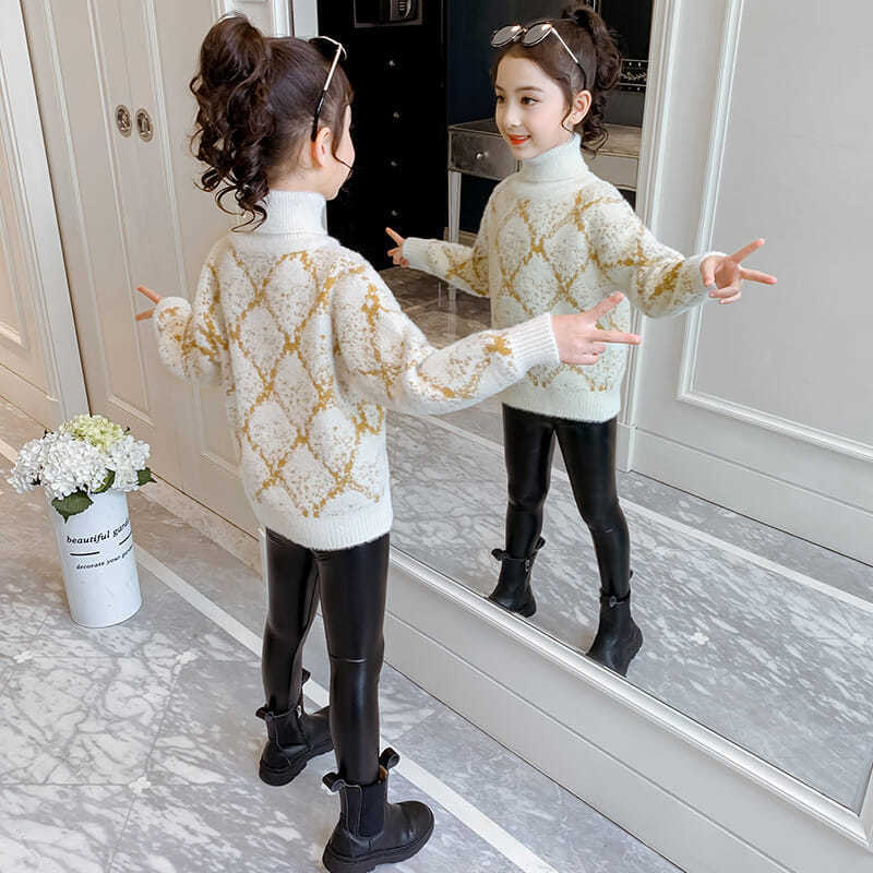 Djevojački pulover u zapadnjačkom stilu Jesen i zima 2024. Novi djevojački pulover s podlogom Dječji visoki ovratnik s flis podstavom, pleteni pulover