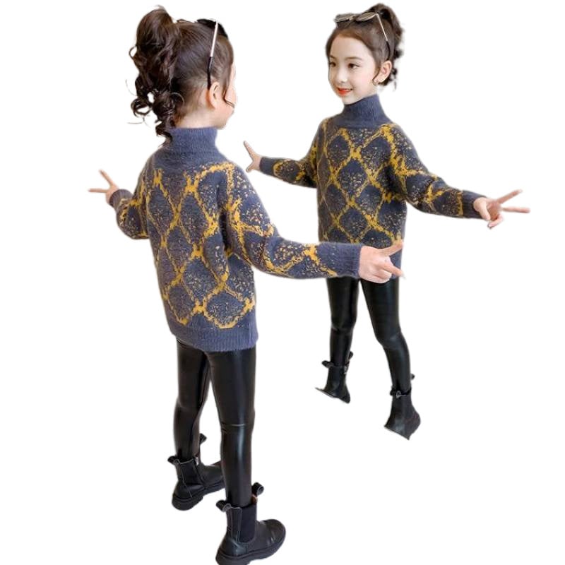 Djevojački pulover u zapadnjačkom stilu Jesen i zima 2024. Novi djevojački pulover s podlogom Dječji visoki ovratnik s flis podstavom, pleteni pulover