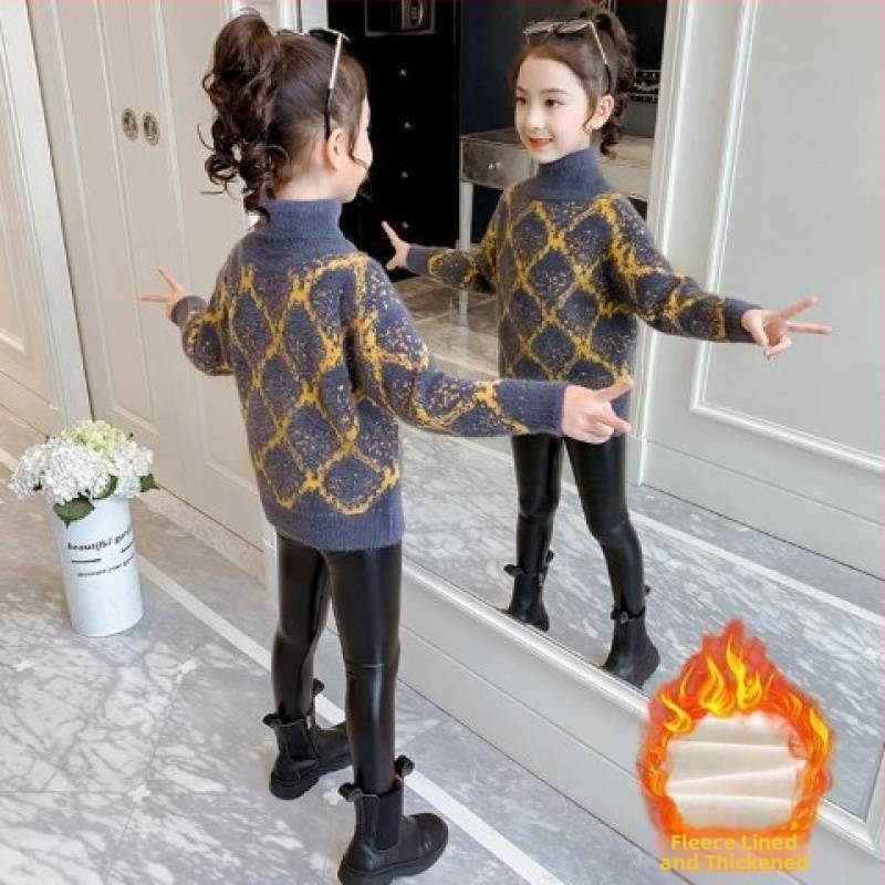 Djevojački pulover u zapadnjačkom stilu Jesen i zima 2024. Novi djevojački pulover s podlogom Dječji visoki ovratnik s flis podstavom, pleteni pulover