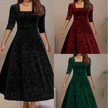 2024 Europska i američka modna elegantna žakard haljina dugih rukava s četvrtastim izrezom, jednobojna, široka, ekstra velika, od baršuna