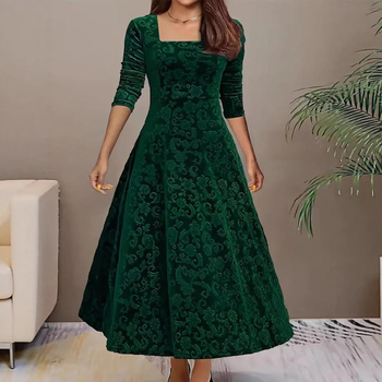 2024 Europska i američka modna elegantna žakard haljina dugih rukava s četvrtastim izrezom, jednobojna, široka, ekstra velika, od baršuna