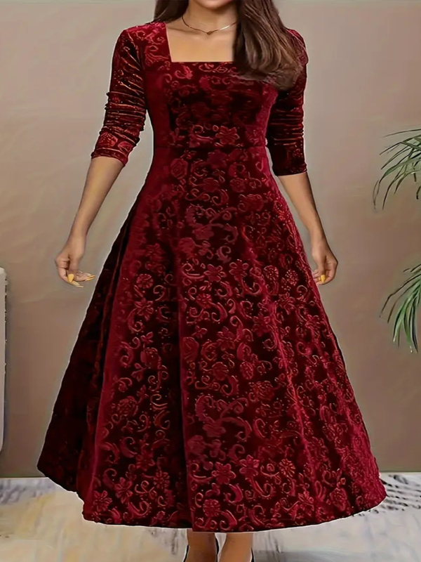 2024 Europska i američka modna elegantna žakard haljina dugih rukava s četvrtastim izrezom, jednobojna, široka, ekstra velika, od baršuna