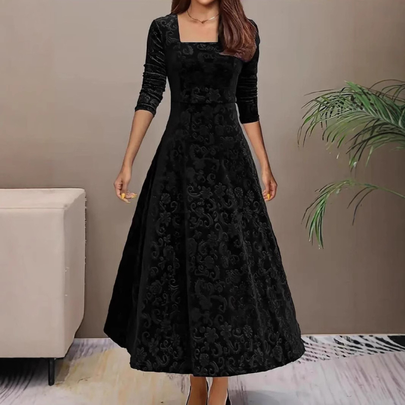 2024 Europska i američka modna elegantna žakard haljina dugih rukava s četvrtastim izrezom, jednobojna, široka, ekstra velika, od baršuna