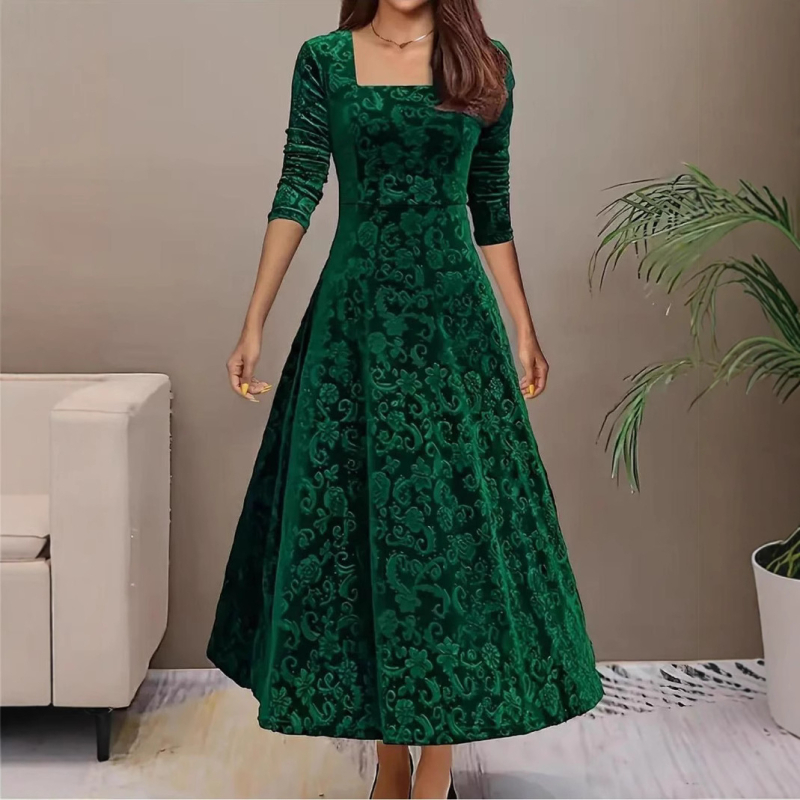 2024 Europska i američka modna elegantna žakard haljina dugih rukava s četvrtastim izrezom, jednobojna, široka, ekstra velika, od baršuna