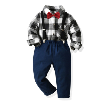 Detské jarné a jesenné kockované nohavice s dlhým rukávom a ramienkami, chlapčenské pánske šaty, banketová štvordielna súprava