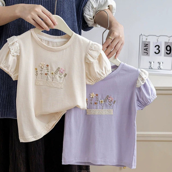 Letné dievčenské oblečenie s krátkym rukávom 2025 Dievčenské kórejské štýlové ležérne bavlnené topy, detské voľné tenké oblečenie