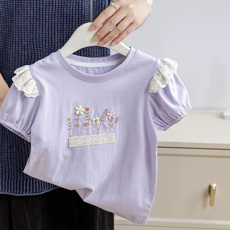 Letné dievčenské oblečenie s krátkym rukávom 2025 Dievčenské kórejské štýlové ležérne bavlnené topy, detské voľné tenké oblečenie
