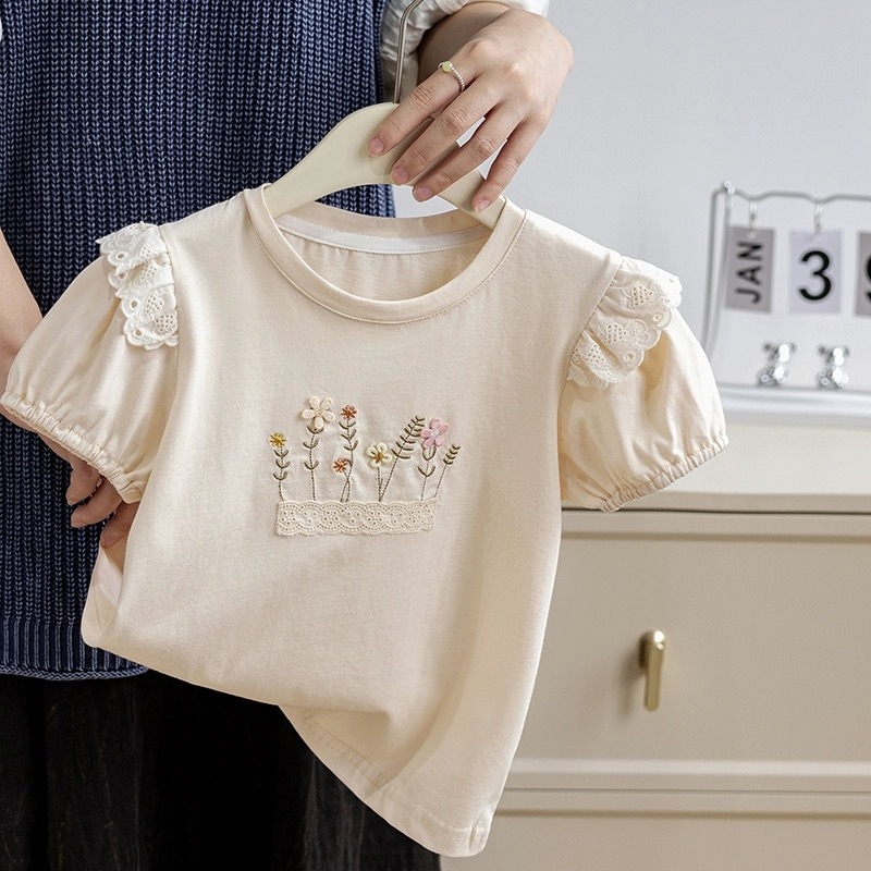 Letné dievčenské oblečenie s krátkym rukávom 2025 Dievčenské kórejské štýlové ležérne bavlnené topy, detské voľné tenké oblečenie