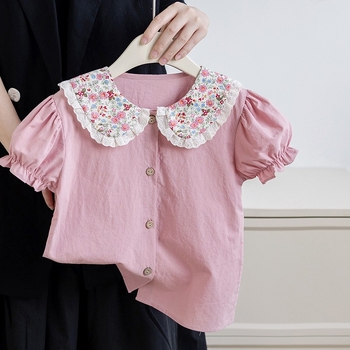 Tüdrukute suvine lilleline särk 2025 tüdrukute vabaaja nukukraega lühikeste varrukatega topp laste puhtast puuvillast Korea T-särk